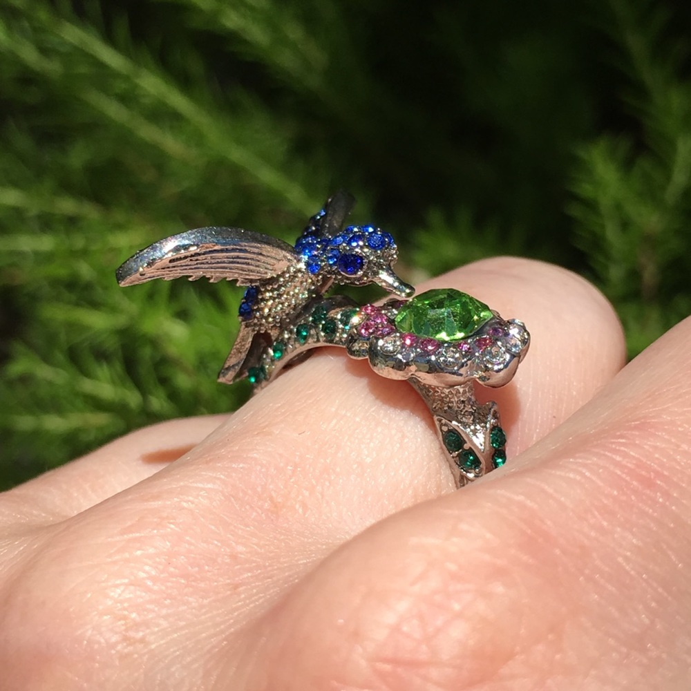 Hummingbird ring Swarovski crystals flower - Picture 2 of 8